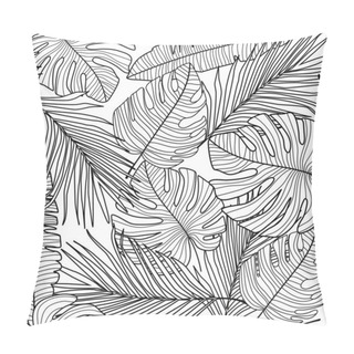 Personality  Monstera Line Leaves Seamless Pattern On White Background. Pillow Covers