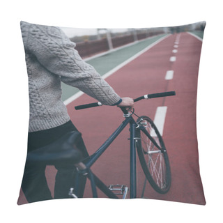 Personality  Cropped Shot Of Man With Vintage Bicycle On Pedestrian Bridge Pillow Covers