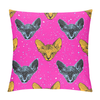 Personality  Heads Sphinx Kittens. The Heads Cat On The Acid Pink Background With Dots Memphis. Print Pop Art Theme, T-shirts. Vector Pillow Covers