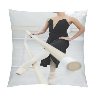 Personality  Partial View Of Ballerina In Black Dress Exercising With Hand On Hip At Barre Pillow Covers