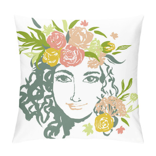 Personality  Grunge Floral Vector Girl Portrait With Hand Drawn Flowers. Pillow Covers