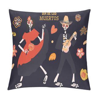 Personality  Dia De Los Muertos Celebration Card With Two Cute Cartoon Skeletons Dancing, Playing Music, Flowers Hand Drawn In Traditional Style. Text Translation: Day Of The Dead. Pillow Covers