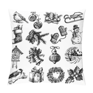 Personality  Hand Drawn Sketch Merry Christmas And Happy New Year Set. Pillow Covers