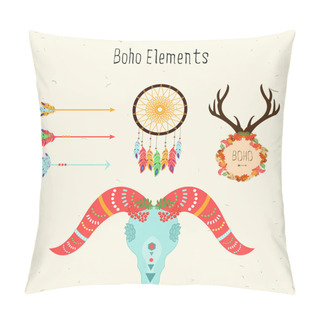 Personality  Boho Elements. Vector Ethnic Set With Arrows And Sheep Skull, Floral Peace Pattern, Deer Antlers And Dream Catcher Pillow Covers