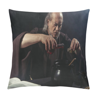 Personality  Serious Alchemist Pouring Liquid Into Pot Near Magic Cookbook Isolated On Black Pillow Covers