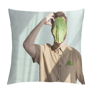 Personality  Obscured View Of Pensive Man With Savoy Cabbage Leaf On Face, Vegan Lifestyle Concept Pillow Covers