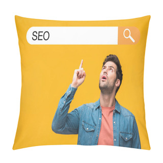 Personality  Confused Handsome Man Pointing With Finger At Search Bar Illustration With Seo Lettering Isolated On Yellow Pillow Covers