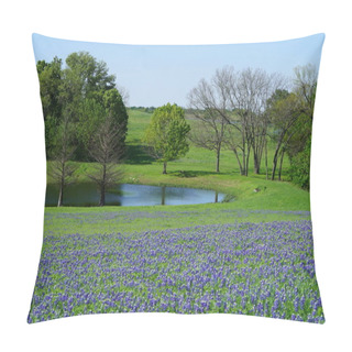 Personality  Beautiful Texas Bluebonnets Blooming During Spring Season Along Countryside With Small Pond Pillow Covers