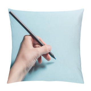 Personality  Cropped View Of Man Holding Pencil On Blue Background Pillow Covers