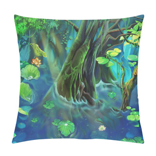 Personality  Tree Pond. Realistic Cartoon Style Scene, Wallpaper, Background Design. Illustration Pillow Covers