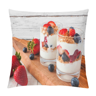 Personality  Strawberry And Blueberry Parfaits In Glasses On A Wood Serving Board Against A White Wood Background Pillow Covers