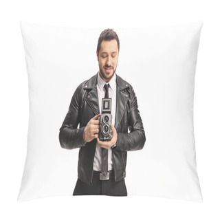 Personality  Young Man Taking A Photograph With A Vintage Camera Isolated On White Background Pillow Covers