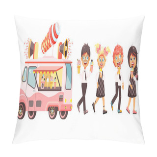 Personality  Vector Illustration Isolated Characters Children, Pupils, Schoolboys, Schoolgirls Eat Ice Cream, Car Refrigeration, Truck Sale Manufacture Vanilla, Chocolate, Popsicles Sweet Meals In Flat Style Pillow Covers