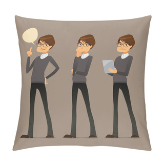 Personality  Cute Cartoon Guy With Glasses, In Various Poses Pillow Covers