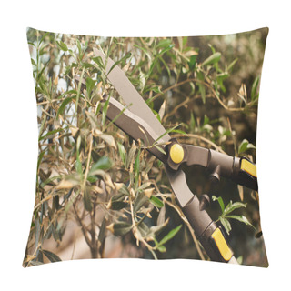 Personality  Big Gardening Scissors Near Brunch With Green Leaves In Greenhouse, Horticulture Concept Pillow Covers