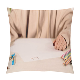 Personality  Cropped View Of Woman Sitting Near Paper With Hi Lettering And Color Pencils At Home  Pillow Covers