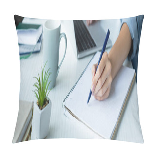 Personality  Cropped View Of Woman Making Notes In Notebook, Horizontal Banner Pillow Covers