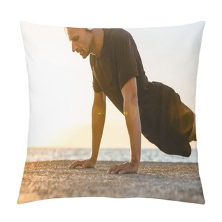 Personality  Athletic Adult Man In Headphones Doing Push Ups On Seashore Pillow Covers
