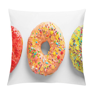 Personality  Tasty Colorful Donuts On White Background Pillow Covers