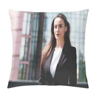 Personality  Positive, Confident Businesswoman Standing On Rooftop And Looking Away Pillow Covers