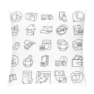 Personality  Vector Coronavirus Icons With Phone, Food, Clock And Transport On White, Delivery Concept  Pillow Covers