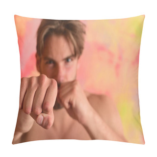 Personality  Guy Punches With His Fist In Close Up. MMA Fighter Pillow Covers