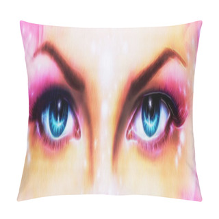 Personality  A Pair Of Beautiful Blue Women Eyes Beaming  Up Enchanting From Behind A Bloming Rosa Lotus Flower Pillow Covers