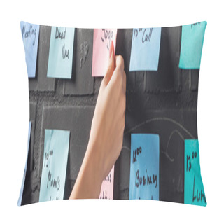 Personality  Cropped View Of Woman Attach Colorful Sticker Pads With Notes On Black Brick Wall Pillow Covers