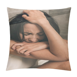 Personality  Beautiful Depressed Woman Sitting And Crying In Shower At Home Pillow Covers