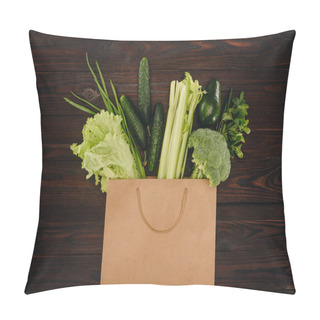 Personality  Top View Of Green Vegetables In Shopping Bag On Wooden Table Pillow Covers