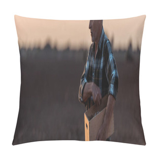 Personality  Panoramic Shot Of Self-employed Farmer Holding Box In Field  Pillow Covers