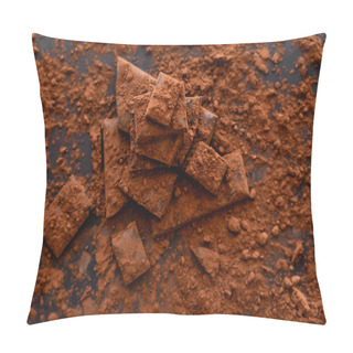 Personality  Top View Of Dry Cocoa On Chocolate Pieces On Black Background  Pillow Covers