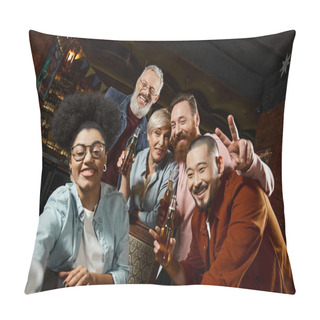 Personality  Happy African American Woman Taking Selfie On Smartphone With Multiethnic Friends With Beer Bottles Pillow Covers