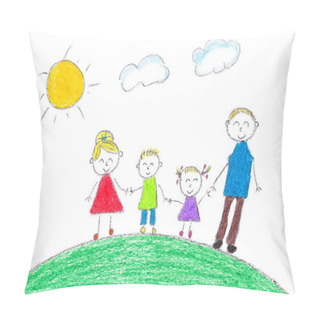 Personality  Child's Simple Drawing Of Their Family With A White Background Pillow Covers