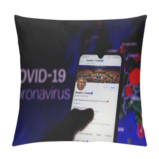 Personality  June 5, 2020, Brazil. In This Photo Illustration The Official Page Of The President Of The United States, Donald Trump, On Twitter Seen Displayed On A Smartphone. In The Background, Interactive Map With The Cases Of COVID-19 (coronavirus). Pillow Covers