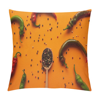 Personality  Top View Of Chili Peppers And Peppercorns In Wooden Spoon On Orange  Pillow Covers