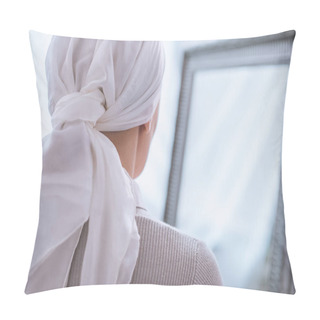 Personality  Back View Of Sick Woman In Kerchief Standing Near Mirror, Cancer Concept  Pillow Covers