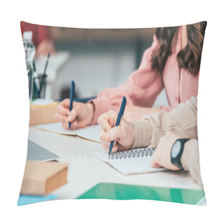 Personality  Cropped View Of Students With Pens Writing In Notebooks Pillow Covers