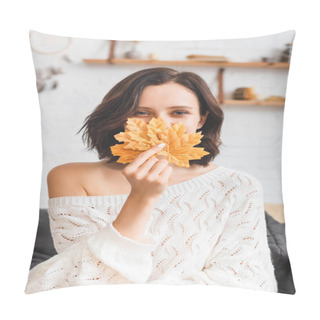 Personality  Happy Attractive Girl Holding Yellow Autumn Leaves In Front Of Face  Pillow Covers