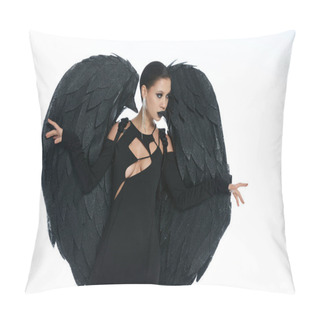 Personality  Gothic Charm, Woman In Costume Of Demon With Black Wings Posing And Looking Away On White Backdrop Pillow Covers