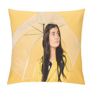 Personality  Beautiful Pensive Woman Posing With Transparent Umbrella, Isolated On Yellow Pillow Covers