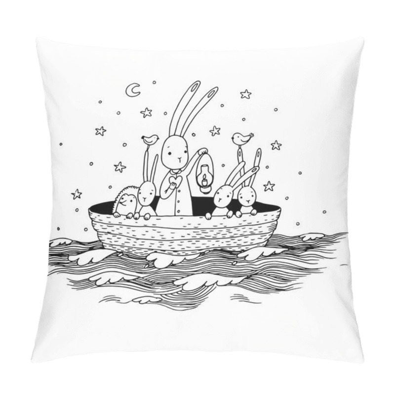 Personality  Cute little hares and hedgehog floating in a boat on the river. pillow covers