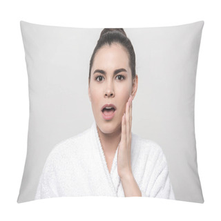 Personality  Surprised Woman In Bathrobe Touching Face While Looking At Camera Isolated On Grey Pillow Covers