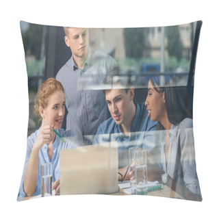 Personality  Behind The Glass View Of Team Discussing Project In Modern Office   Pillow Covers