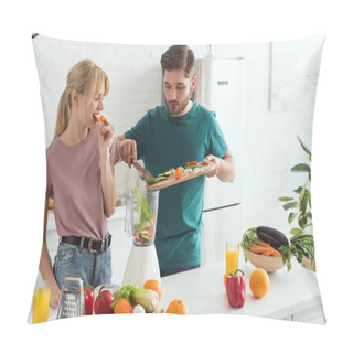 Personality  Young Couple Of Vegans Preparing Vegetable Juice At Kitchen Pillow Covers