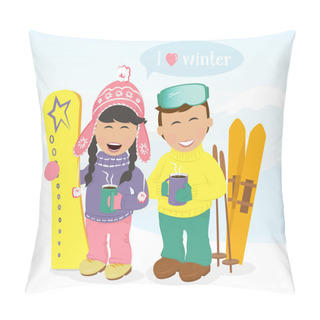 Personality  Boy And Girl With Skis And Snowboard Drinking Coffee. Pillow Covers