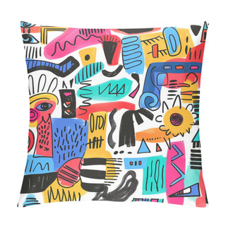 Personality  Doodles Colorful Tribal Ethnic Style Seamless Patern With Squiggles, Doodle Lines, Zigzag, Eyes, Different Hand Drawn Shapes And Lines. Vector Bright Freehand Endless Ornaments On White Background. Pillow Covers
