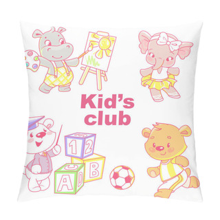 Personality  Set With Cute Little Animal Kids. Active Boys And Girls Dance, Play, Learn, Draw, Different Activities.  Kindergarten. Funny Cartoon Character. Vector Illustration. Isolated On White Background.  Pillow Covers