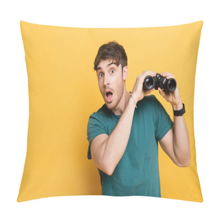 Personality  Handsome Surprised Man Holding Binoculars And Looking At Camera On Yellow Pillow Covers