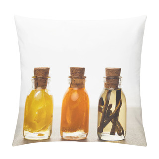 Personality  Bottles Of Essential Oil With Cut Lemon, Orange And Vanilla On White Background Pillow Covers